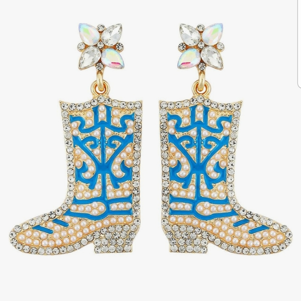 Blue Gold Cowgirl Boots Western Earrings Pearls & Rhinestone Rodeo Jewelry